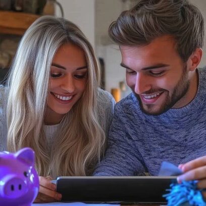 Smiling couple using tablet by a cozy fireplace with a purple piggy bank on the table.